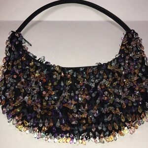 Vintage Colorful Teardrop Beaded Women's Evening Bag Black Satin 
Zipper Closure